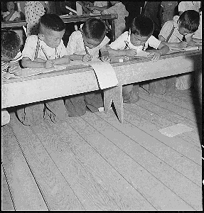 Dorothea Lange, image of Japanese-American children in internment camp